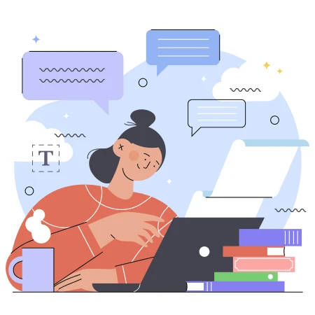 Ilustración de una mujer en un escritorio con una laptop y una taza de café