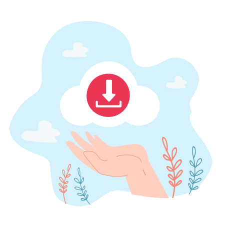 Ilustración de una mano femenina esperando una descarga desde una nube mullida y bella
