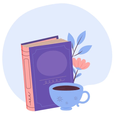 Ilustración de un libro, una taza de café y flores